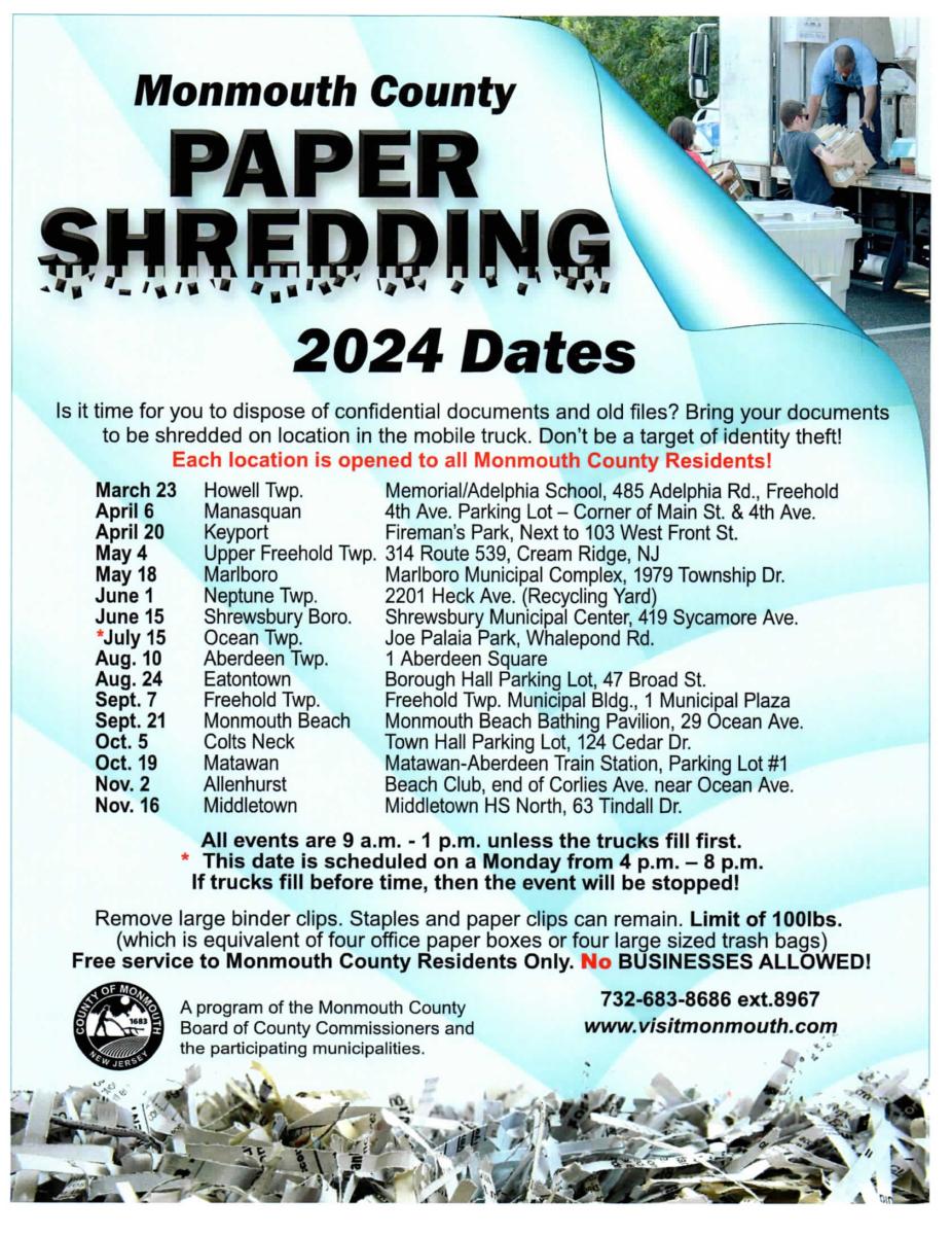 List of Shredding Dates throughout Monmouth County