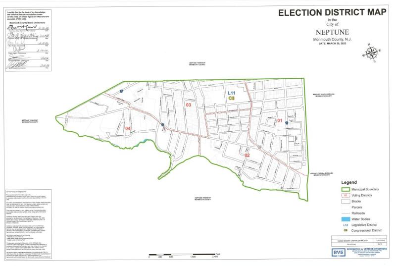 2026 Election District Map for Neptune City showing the streets in the 4 Districts