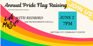 rainbow with invite to Annual Pride Flag Raising hosted by Mayor and Council with live music by Redbird and Refreshment for all 