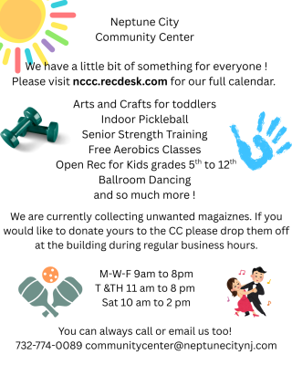 flyer listing activities and hours for summer events at the Community Center
