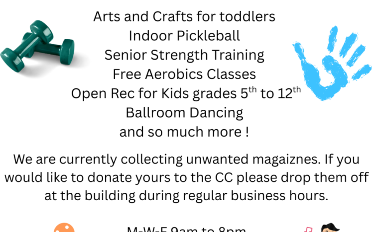 flyer listing activities and hours for summer events at the Community Center