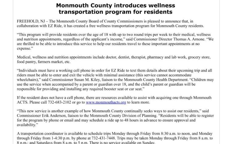 Monmouth County Introduces Wellness Transportation Program for Residents
