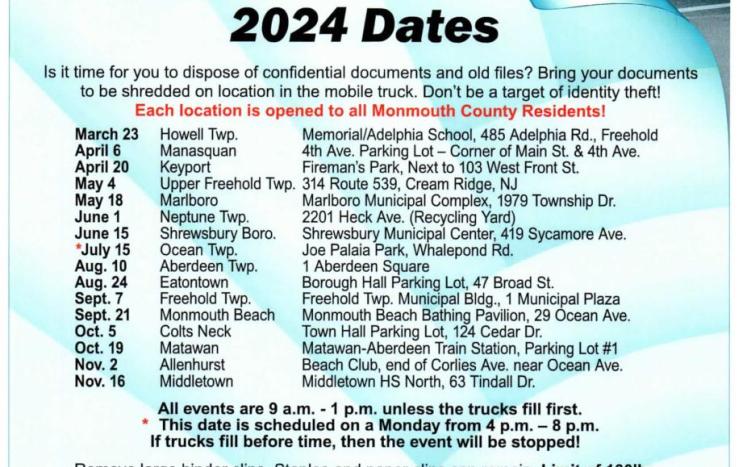 List of Shredding Dates Throughout Monmouth County